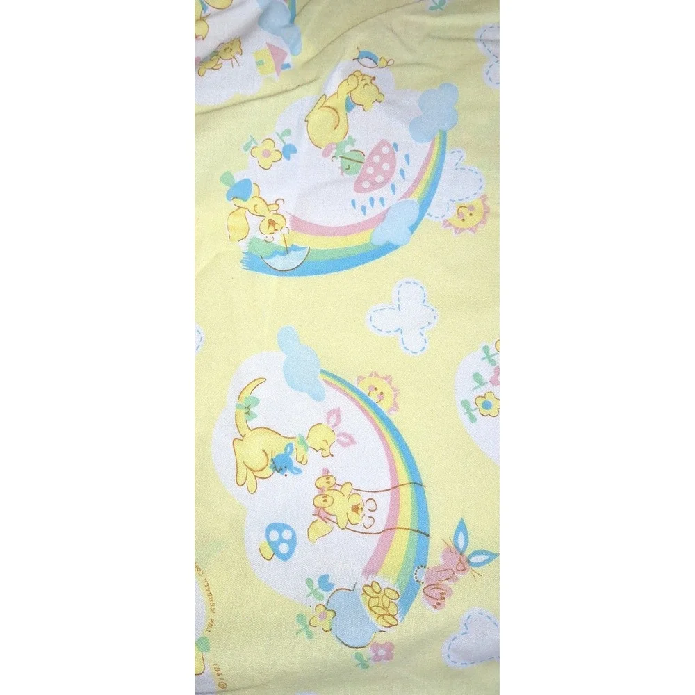 Vtg 1991 rabbit bear Fitted baby Crib Sheet Yellow Rainbow Kendall Company